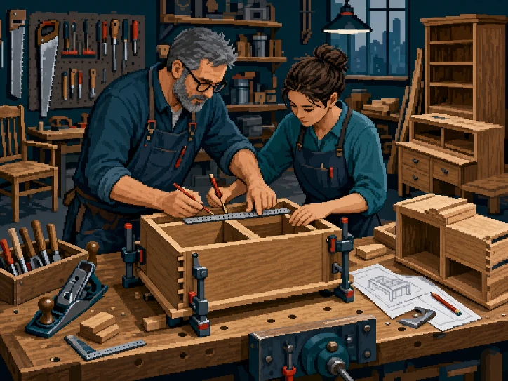 A furniture maker and apprentice working at one bench