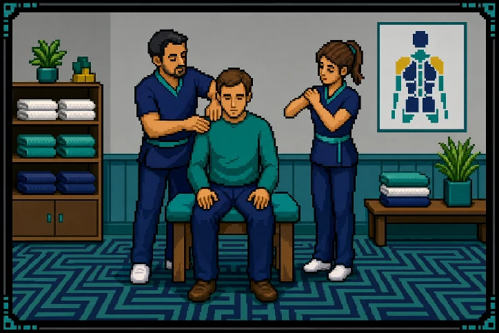 A massage therapist teaching another practitioner
