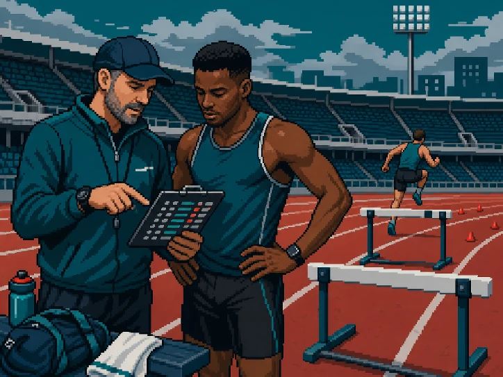 An athletics coach and runner reviewing training results